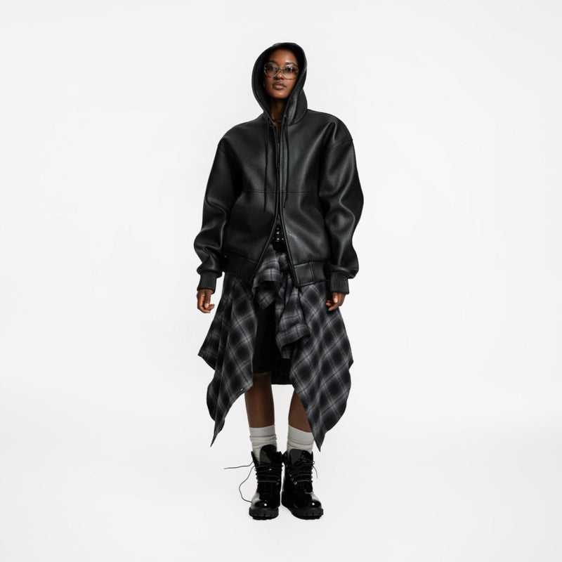 OVERSIZED VEGAN LEATHER HOODED FULL ZIP UP JACKET