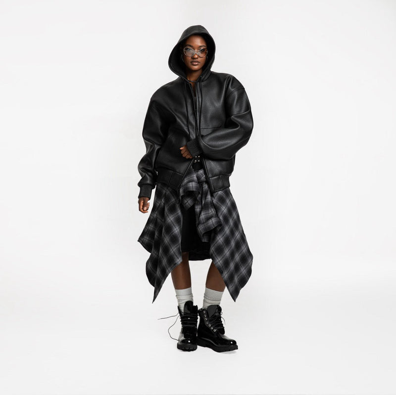 OVERSIZED VEGAN LEATHER HOODED FULL ZIP UP JACKET