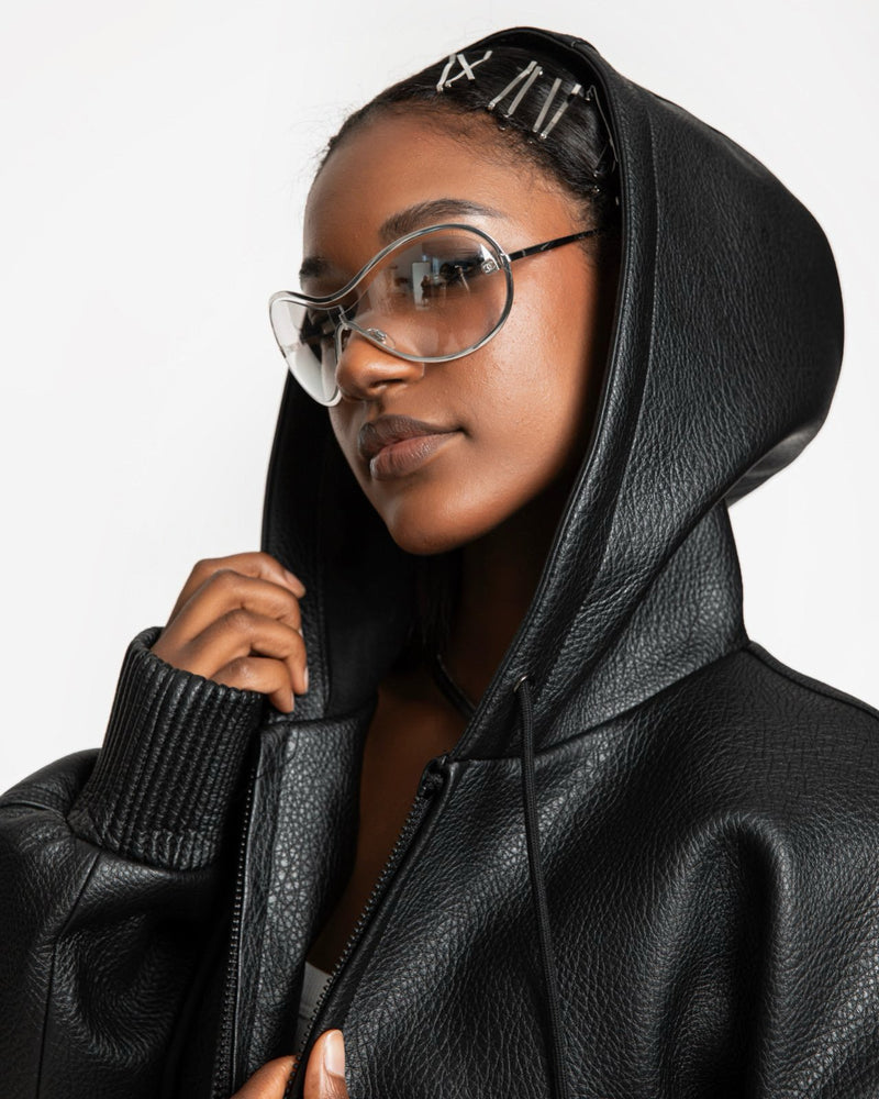OVERSIZED VEGAN LEATHER HOODED FULL ZIP UP JACKET