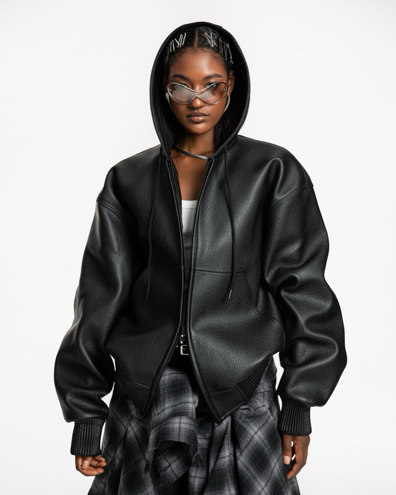 OVERSIZED VEGAN LEATHER HOODED FULL ZIP UP JACKET