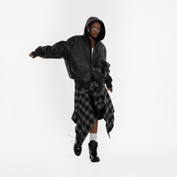 OVERSIZED VEGAN LEATHER HOODED FULL ZIP UP JACKET