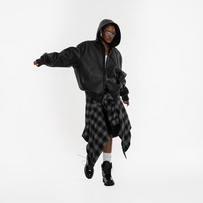 OVERSIZED VEGAN LEATHER HOODED FULL ZIP UP JACKET