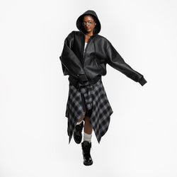 OVERSIZED VEGAN LEATHER HOODED FULL ZIP UP JACKET