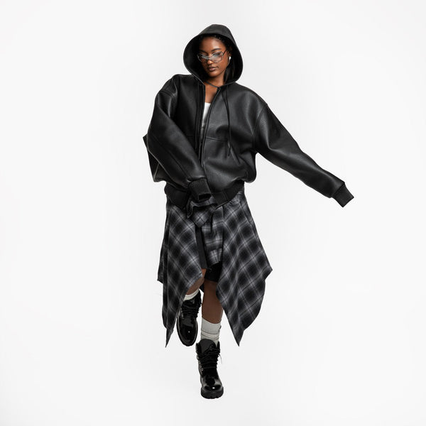 OVERSIZED VEGAN LEATHER HOODED FULL ZIP UP JACKET