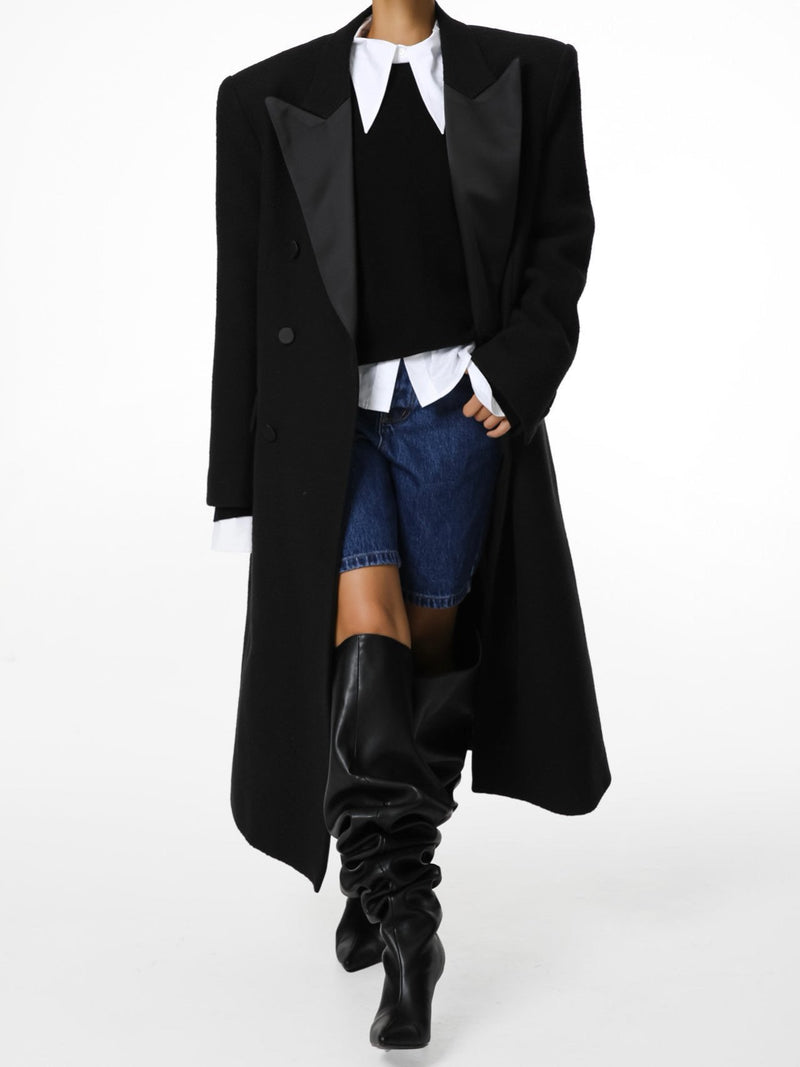 LUXE TUXEDO SATIN PEAKED LAPEL TWEED COAT