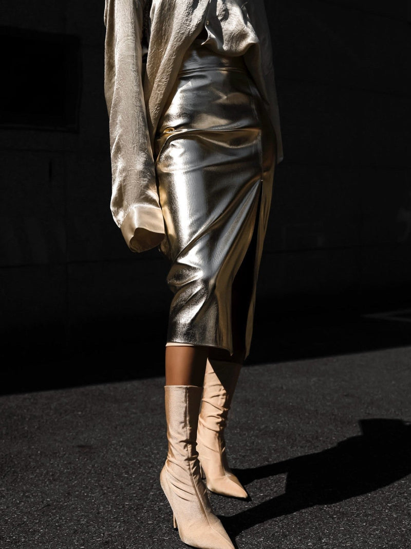 METALLIC VEGAN LEATHER PENCIL SKIRT