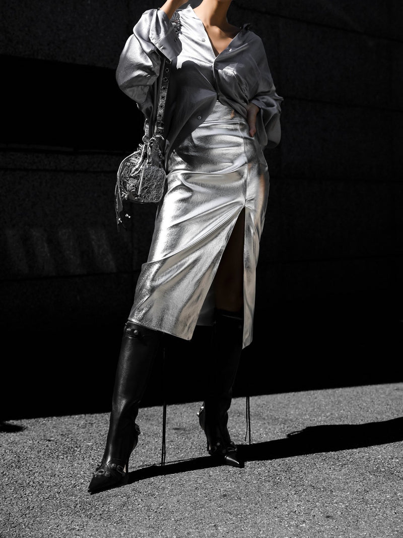 METALLIC VEGAN LEATHER PENCIL SKIRT