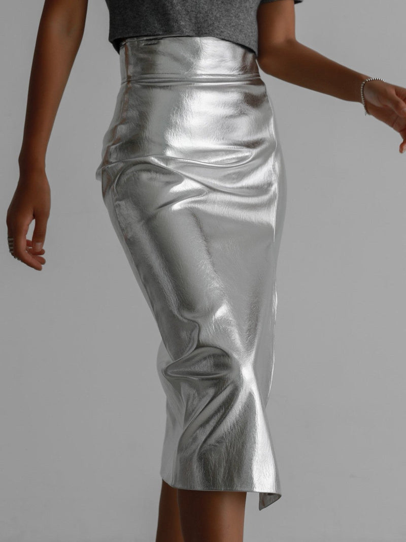 METALLIC VEGAN LEATHER PENCIL SKIRT