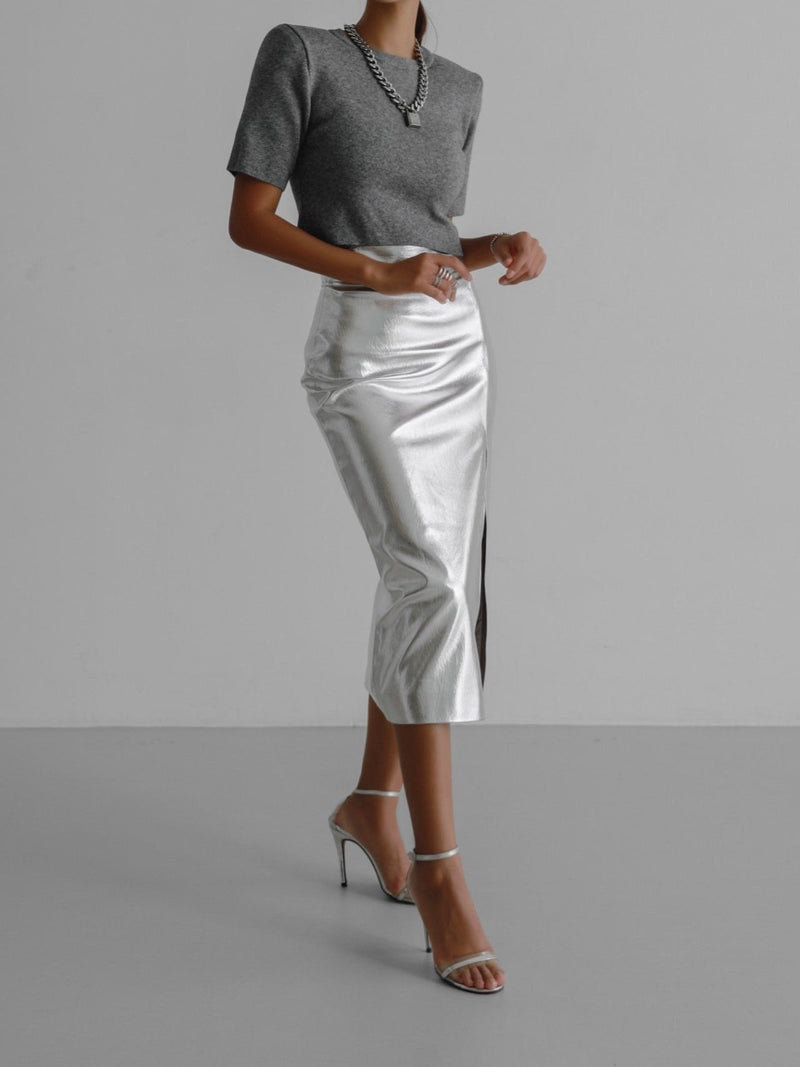 METALLIC VEGAN LEATHER PENCIL SKIRT