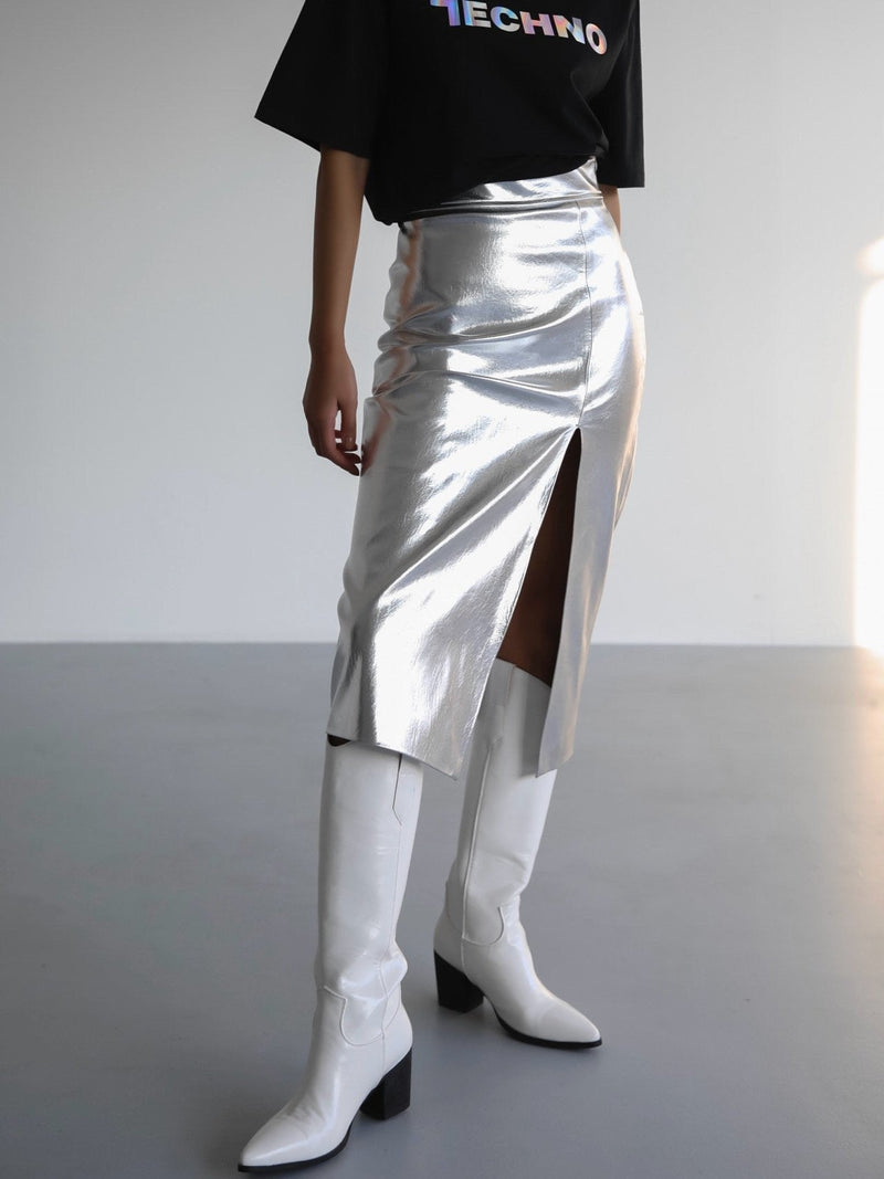 METALLIC VEGAN LEATHER PENCIL SKIRT