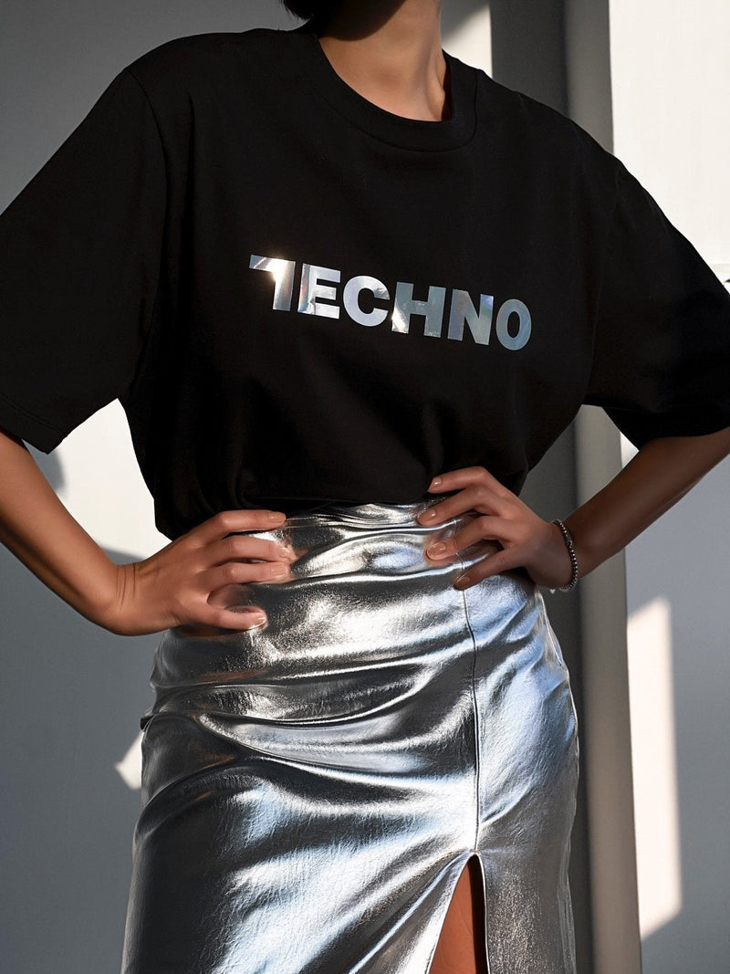 METALLIC VEGAN LEATHER PENCIL SKIRT