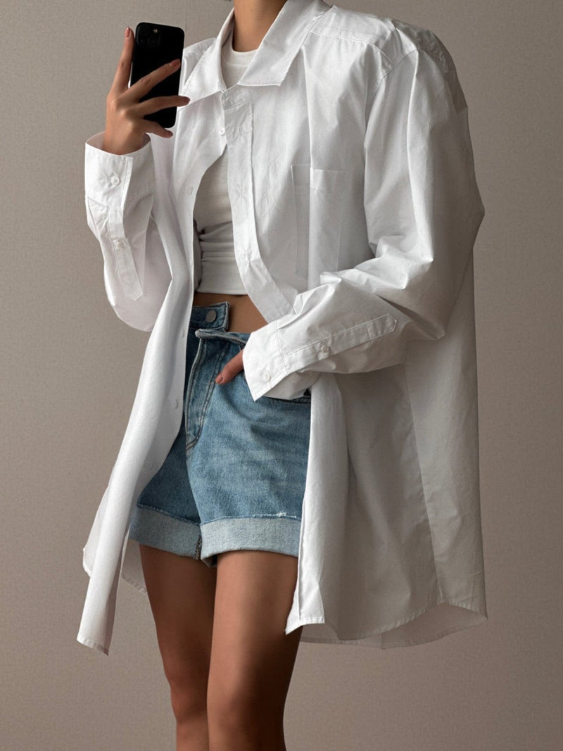 OVERSIZED PADDED SHOULDER COTTON BUTTON DOWN SHIRT