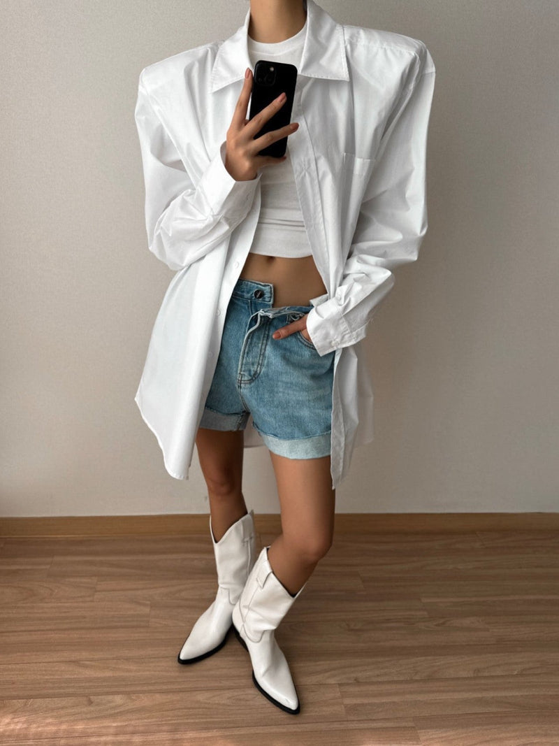 OVERSIZED PADDED SHOULDER COTTON BUTTON DOWN SHIRT