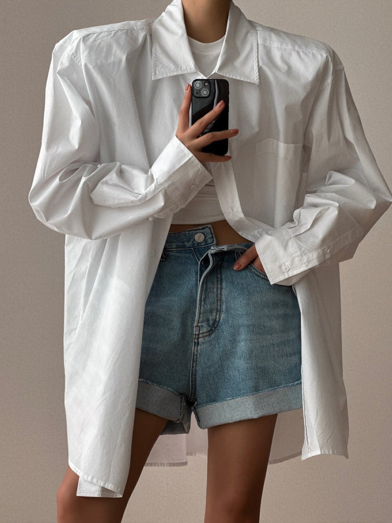 OVERSIZED PADDED SHOULDER COTTON BUTTON DOWN SHIRT