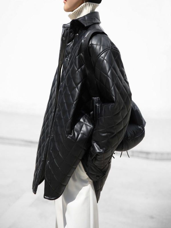 OVERSIZED VEGAN LEATHER QUILTED SHIRT JACKET