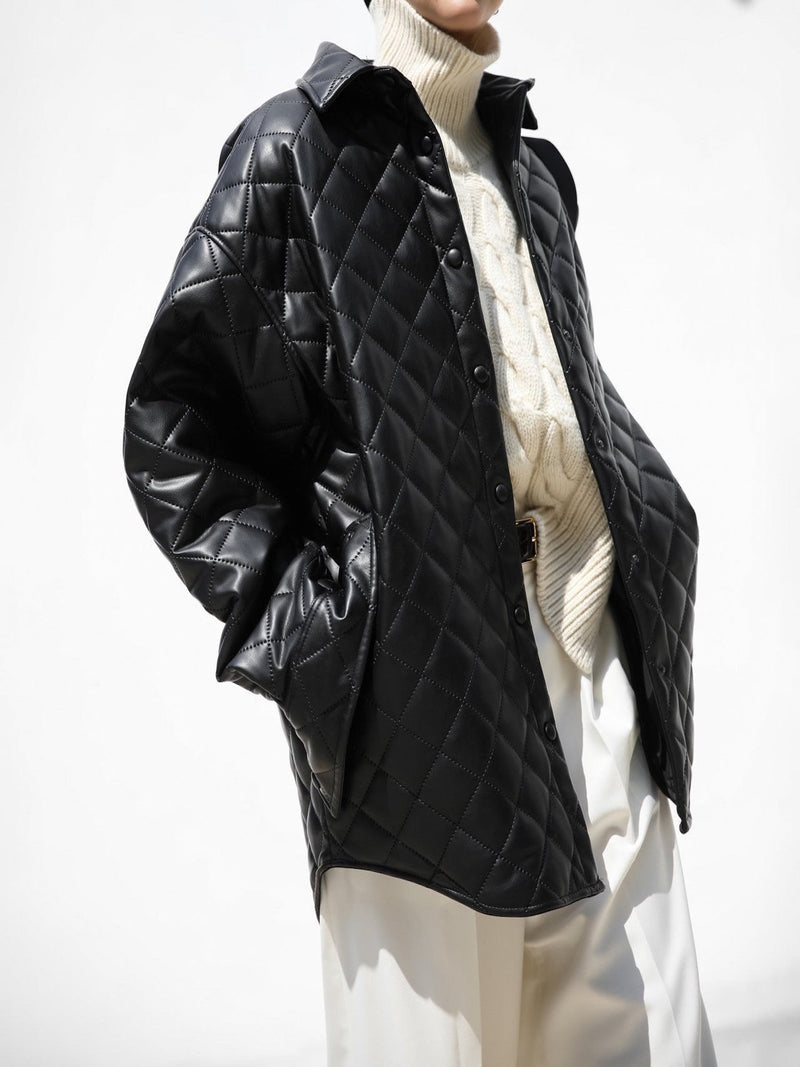 OVERSIZED VEGAN LEATHER QUILTED SHIRT JACKET