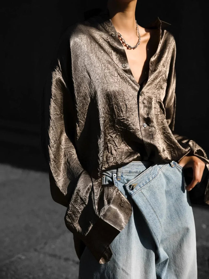 OVERSIZED WRINKLE SILKY BUTTON DOWN SHIRT