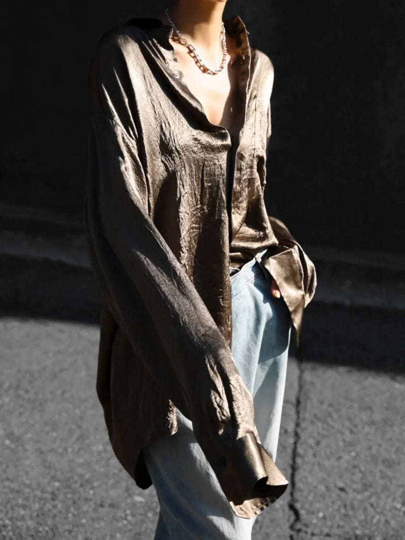 OVERSIZED WRINKLE SILKY BUTTON DOWN SHIRT