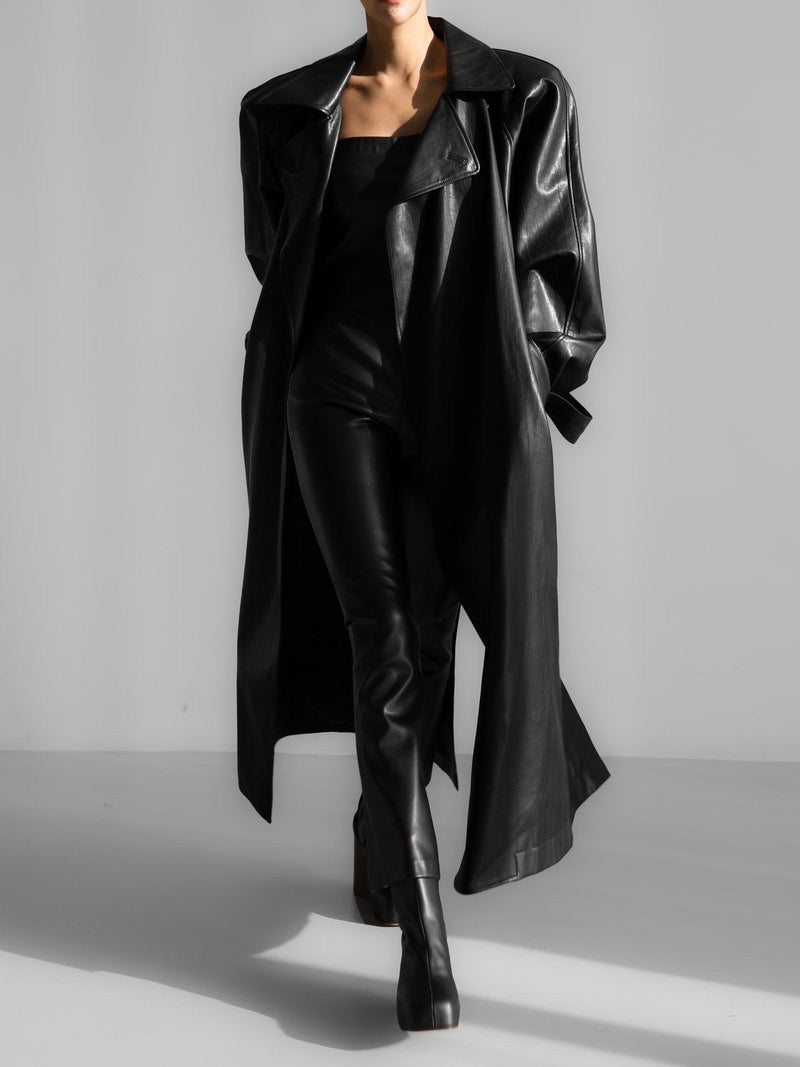 PADDED SHOULDER VEGAN LEATHER TRENCH COAT