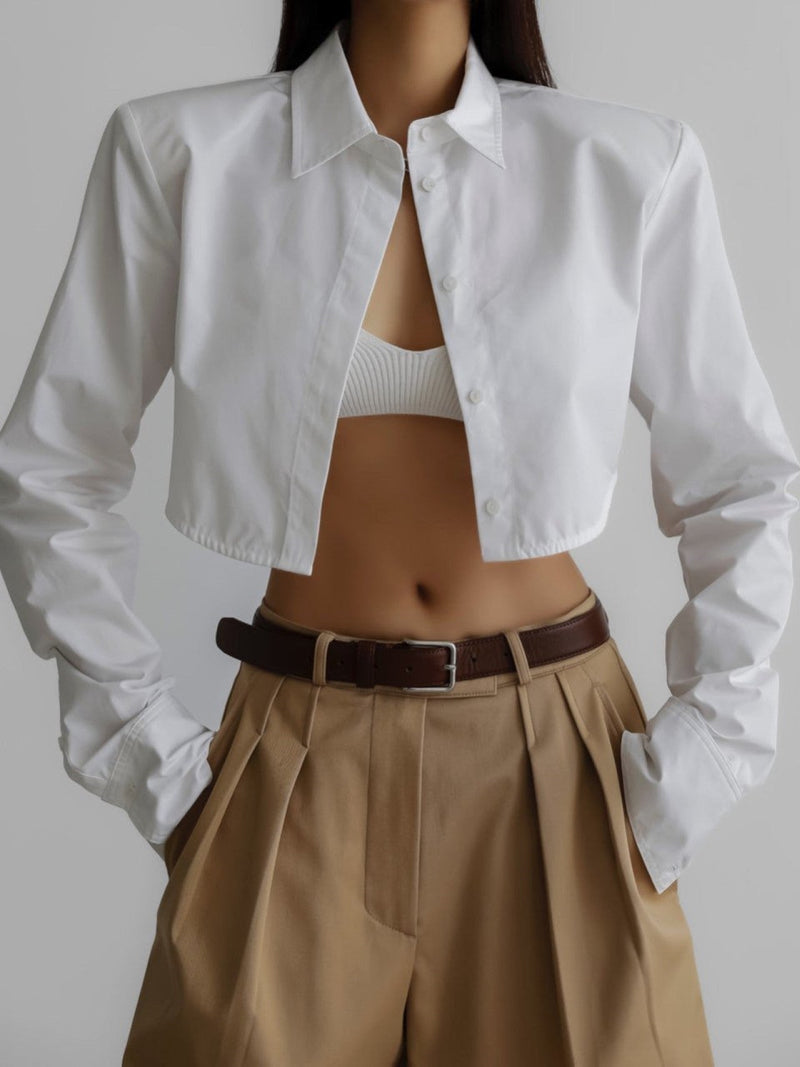 PADDED SHOULDER CROPPED BUTTON DOWN SHIRT