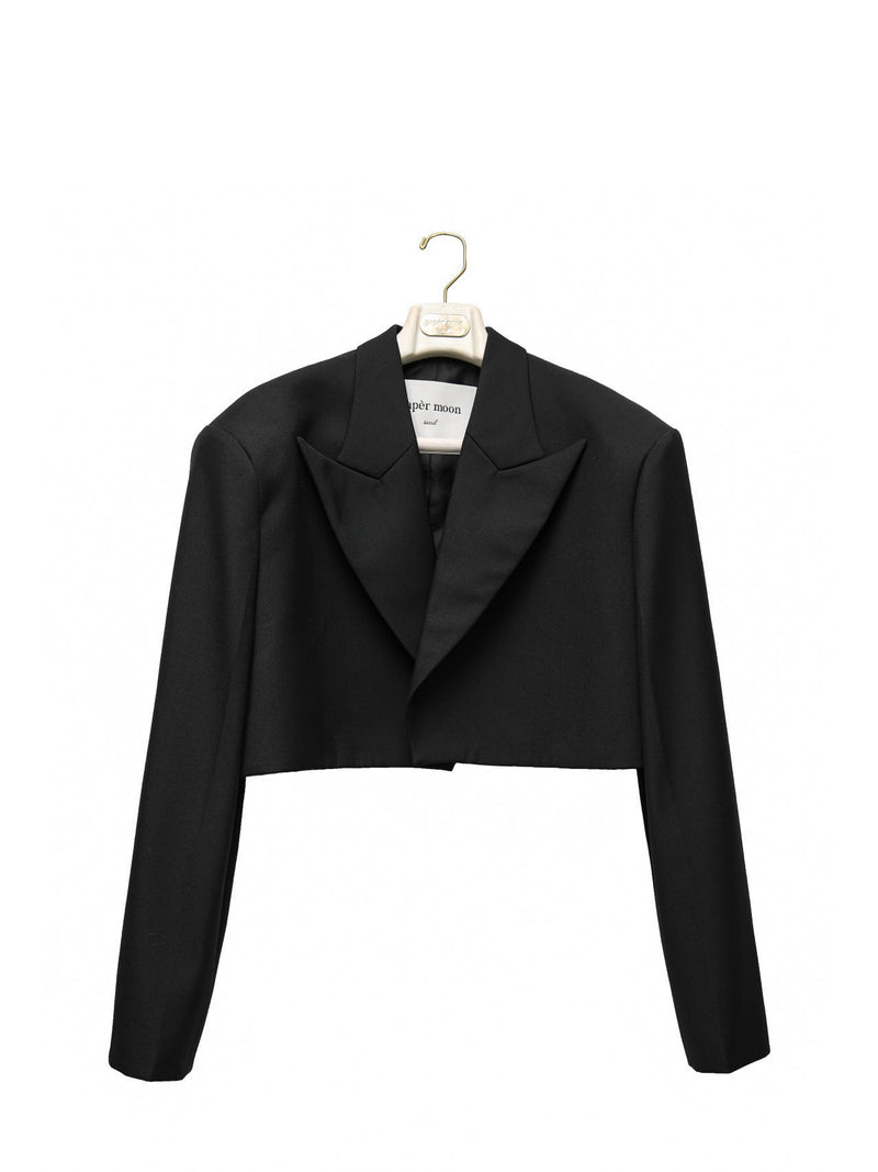 PEAKED LAPEL CROPPED WOOL BUTTONLESS BLAZER