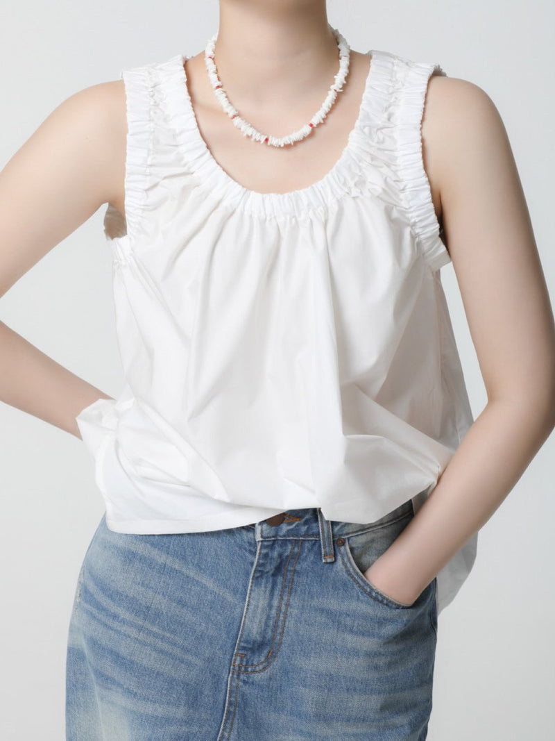 POPLIN SHIRRING SLEEVELESS BLOUSE