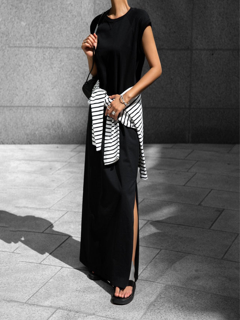 RAGLAN SLEEVE SIDE SLIT MAXI DRESS