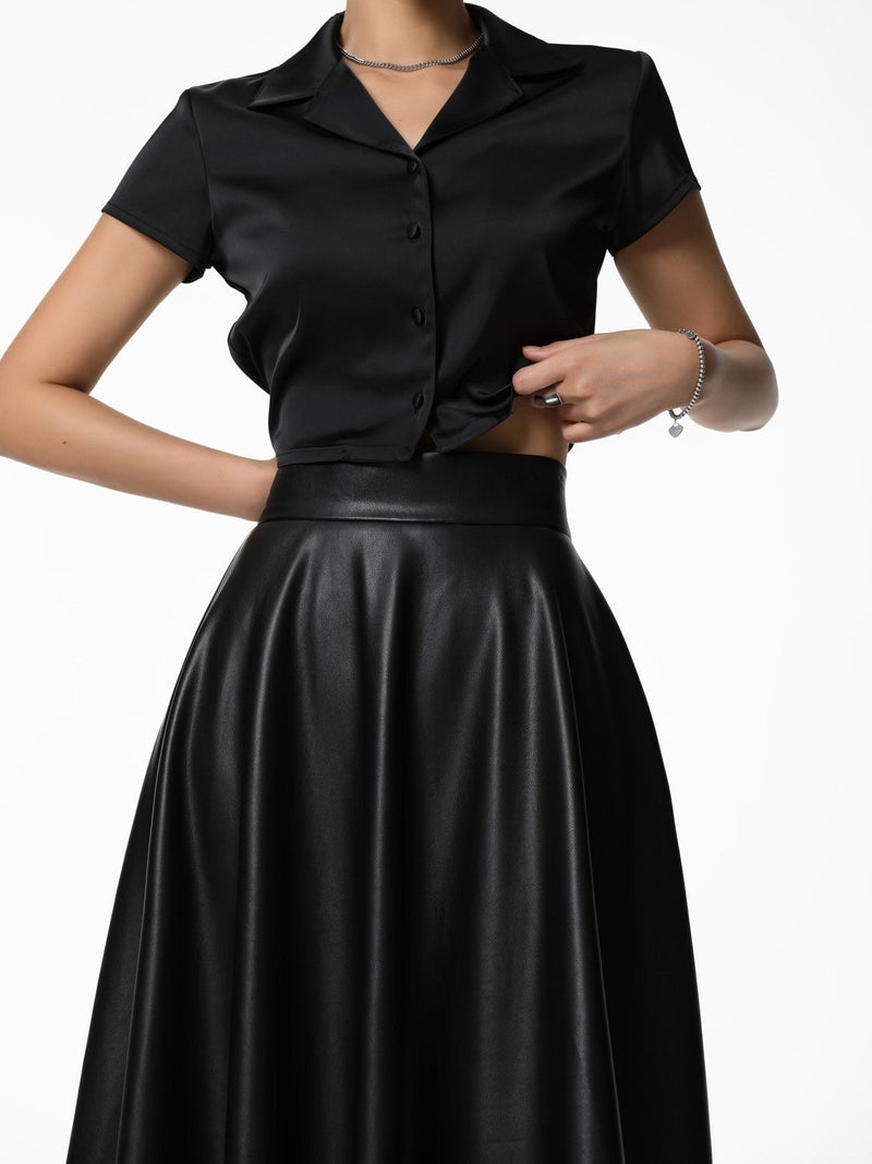 SATIN MINI BUTTON DETAIL CROPPED BLOUSE