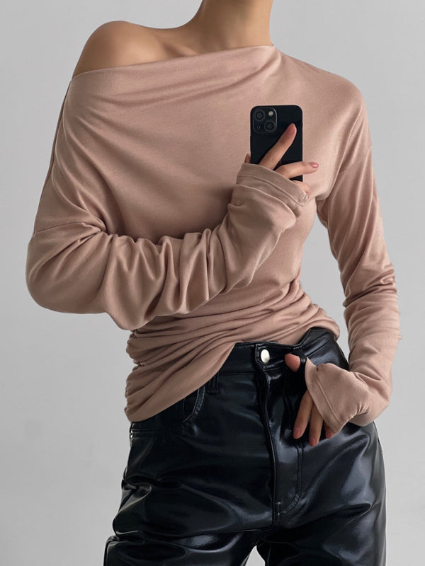 SIDE SHIRRED DRAPED DETAIL BOATNECK TOP