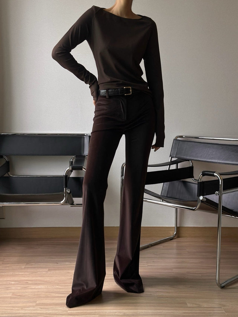 SMOOTH VELVET FLARED MAXI TROUSERS