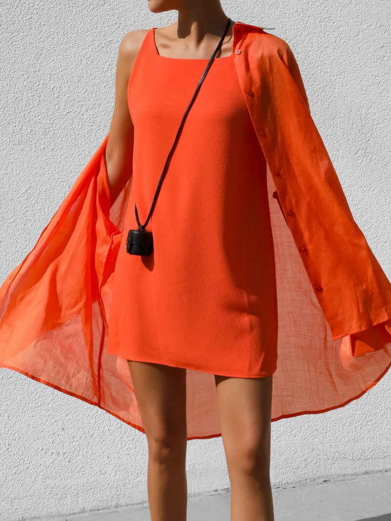 SQUARE NECK CREPE SLEEVELESS DRESS