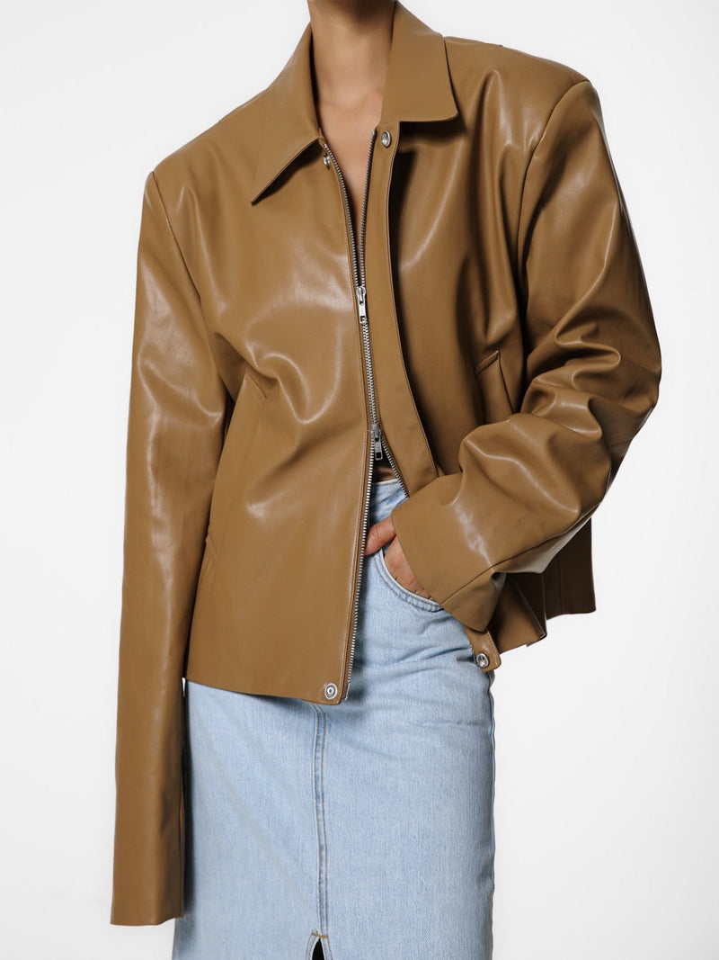 TWO WAY ZIPPED VEGAN LEATHER JACKET