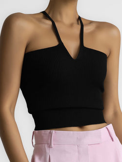 V-LINE STRAP RIBBED KNIT SLEEVELESS TOP