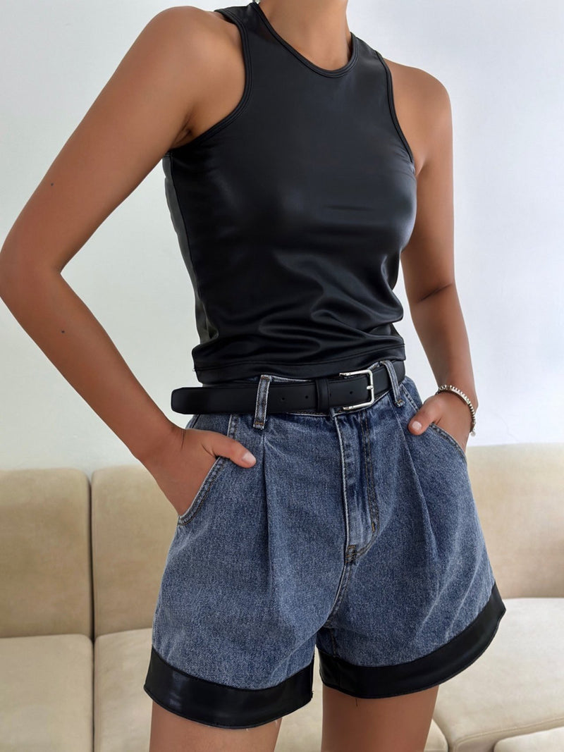 VEGAN LEATHER CROPPED SLEEVELESS TANK