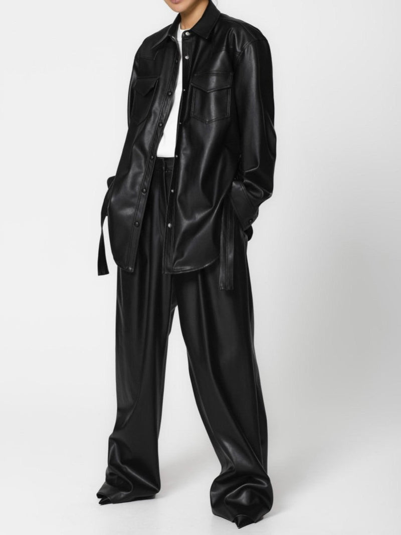 VEGAN LEATHER LOW WAISTED DOUBLE PLEATED TROUSERS