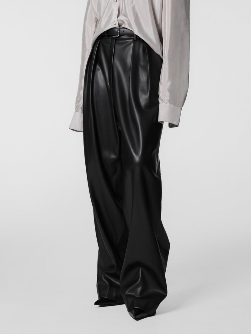 VEGAN LEATHER LOW WAISTED DOUBLE PLEATED TROUSERS