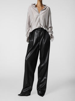 VEGAN LEATHER LOW WAISTED DOUBLE PLEATED TROUSERS