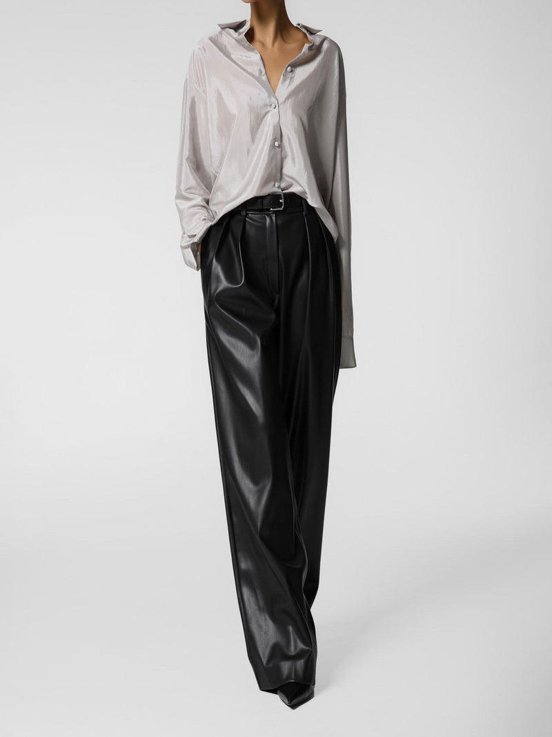 VEGAN LEATHER LOW WAISTED DOUBLE PLEATED TROUSERS