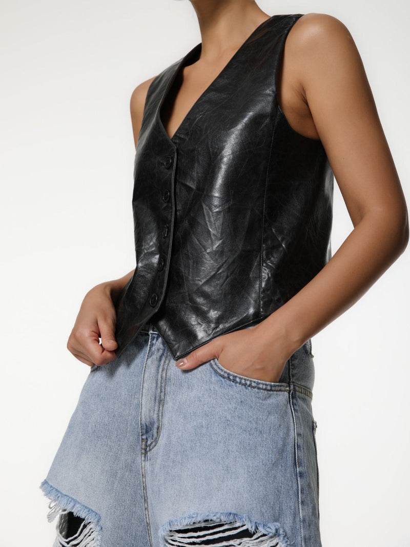 VEGAN WASHED LEATHER BUTTON DOWN VEST