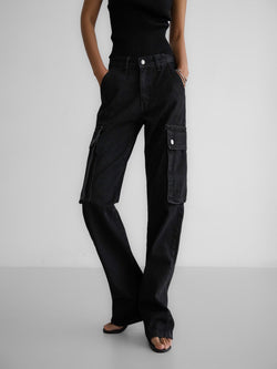 WASHED BLACK DENIM LOW RISE CARGO JEANS