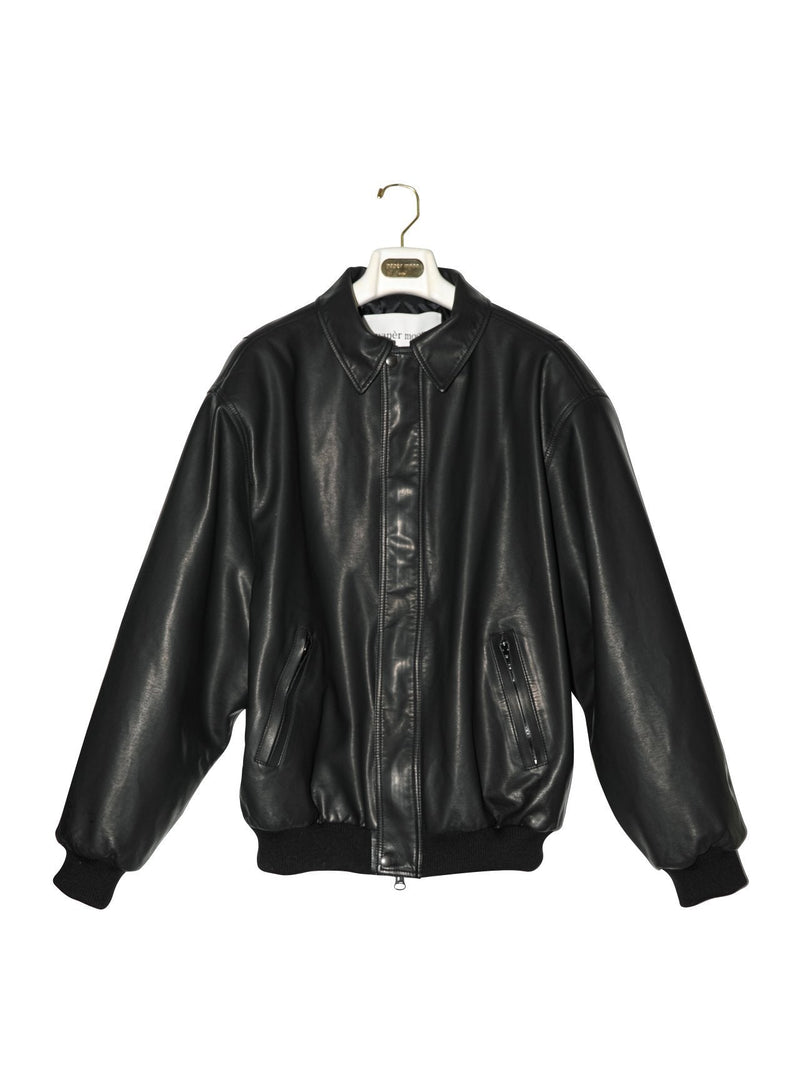 WASHED VEGAN LEATHER PADDED SHOULDER BOMBER JACKET