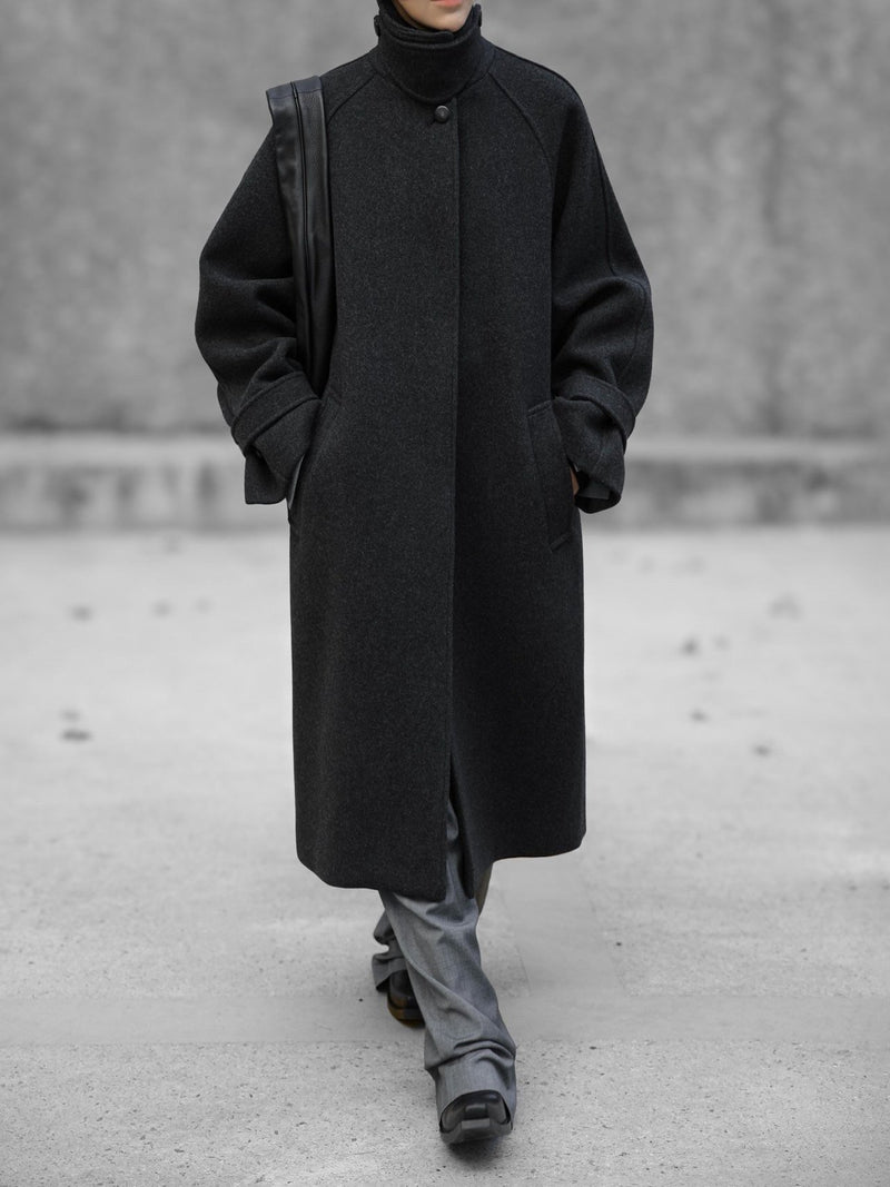 WOOL OVERSIZED HIGH NECK COLLARED BALMACAAN COAT