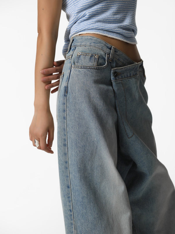 WRAP DETAIL WIDE DENIM JEANS