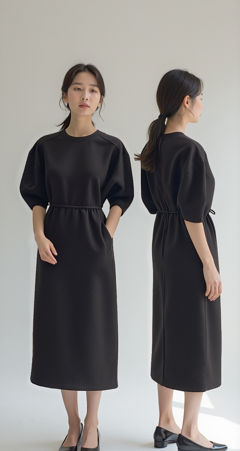 MINIMALIST PUFF SLEEVE DRAWSTRING MIDI DRESS