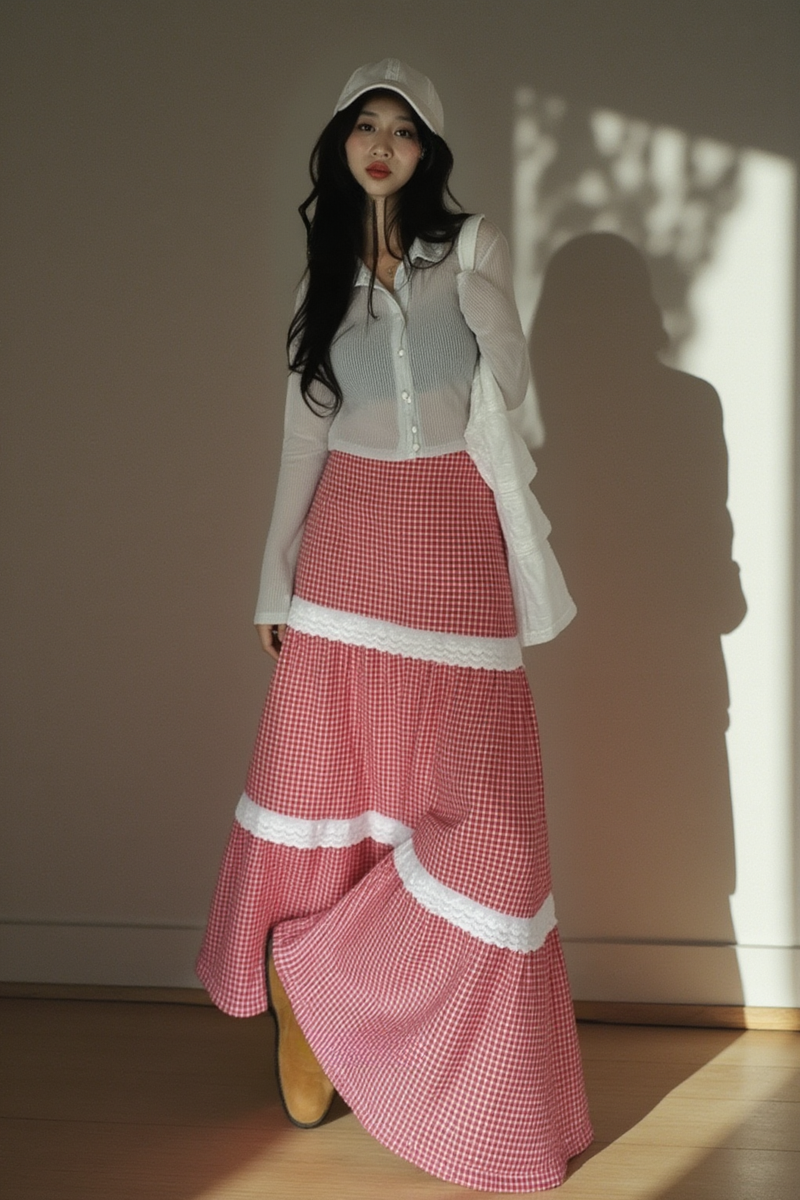 MEADOW GINGHAM TIERED SKIRT