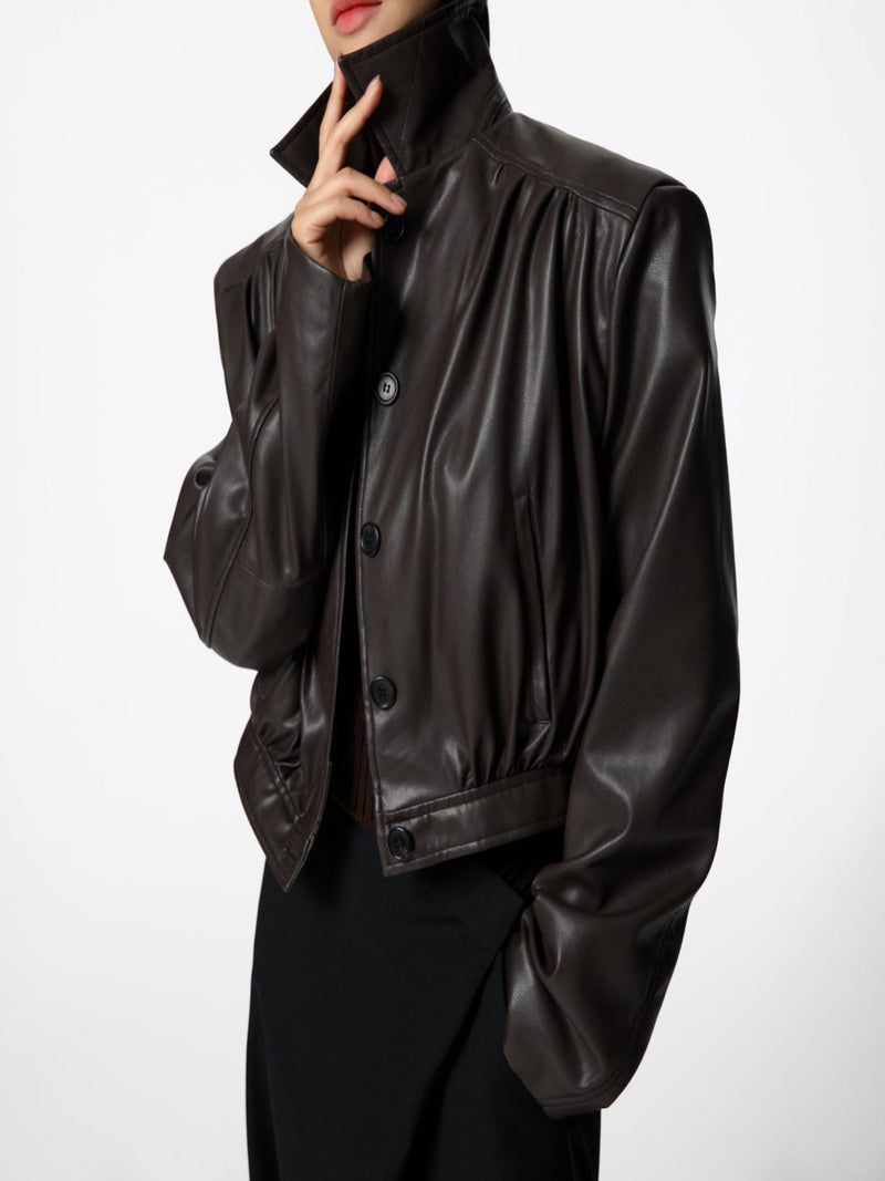 HIDDEN BUTTON SHIRRED DETAIL VEGAN LEATHER BLOUSON