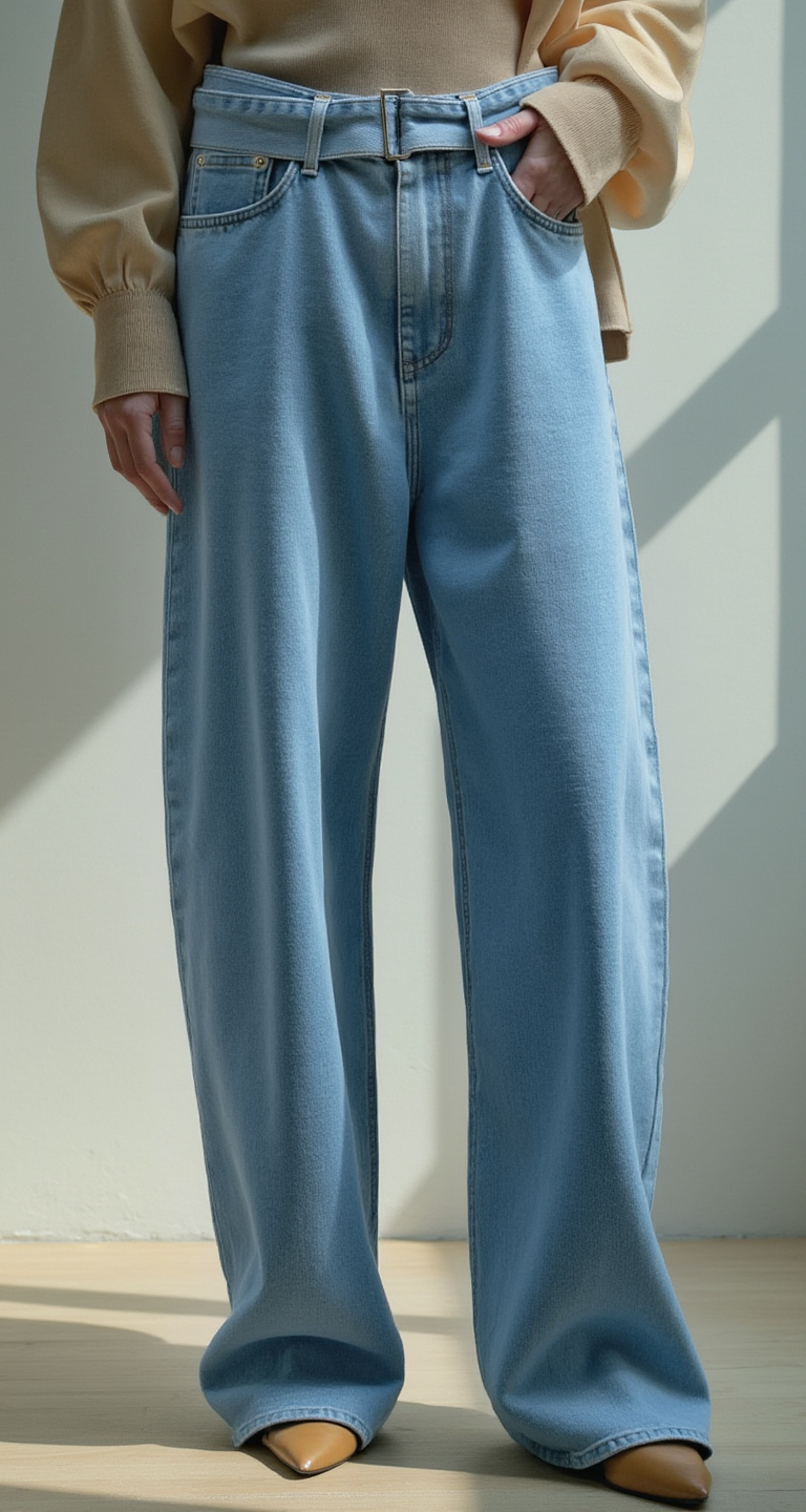 BELTED WIDE LEG LIGHT DENIM JEANS