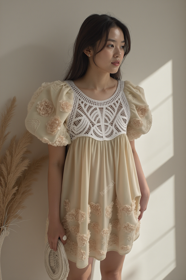 EMBROIDERED PUFF SLEEVE BABYDOLL DRESS