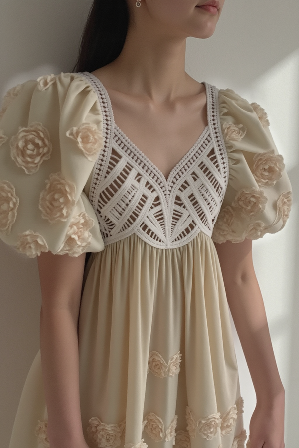 EMBROIDERED PUFF SLEEVE BABYDOLL DRESS