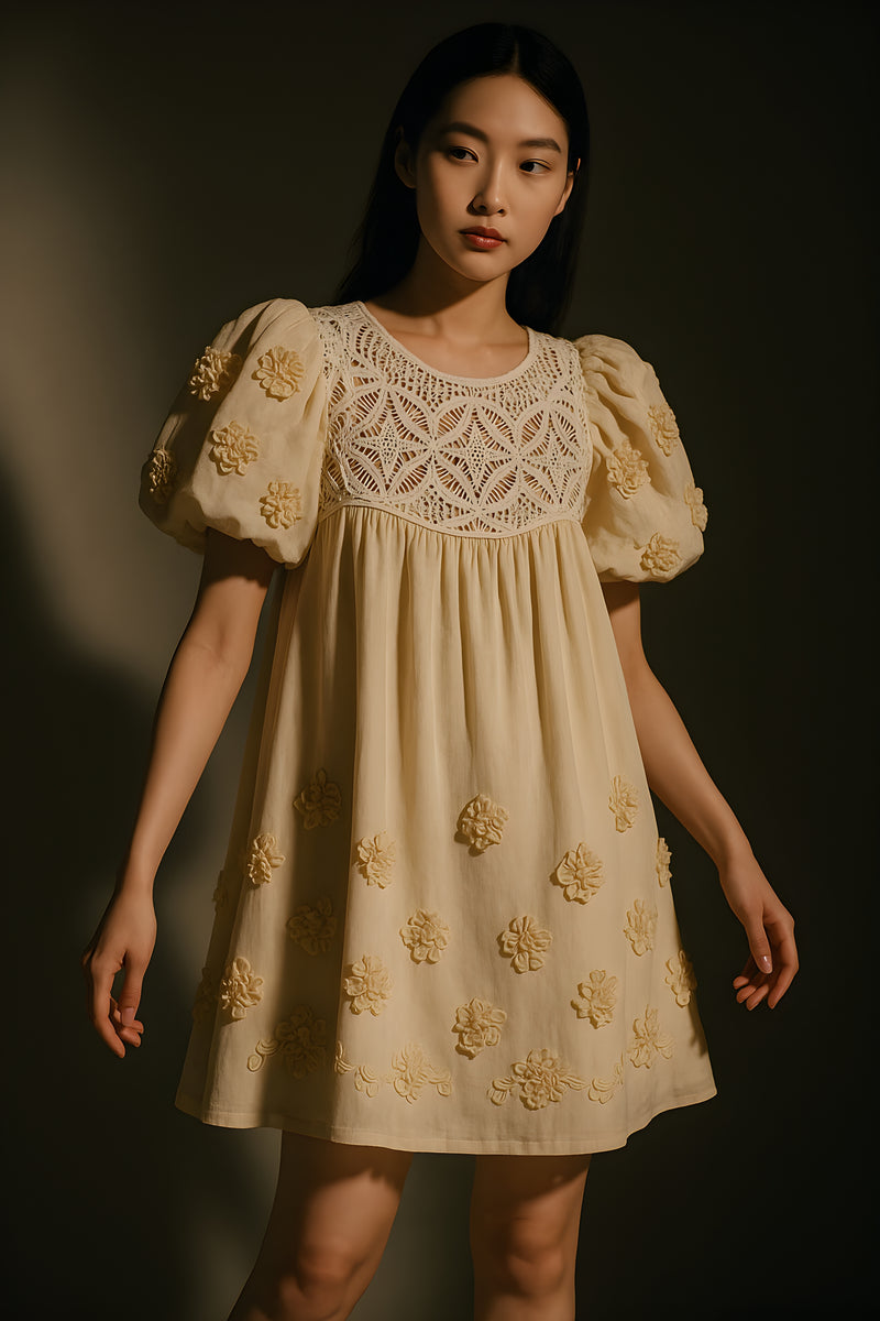 EMBROIDERED PUFF SLEEVE BABYDOLL DRESS